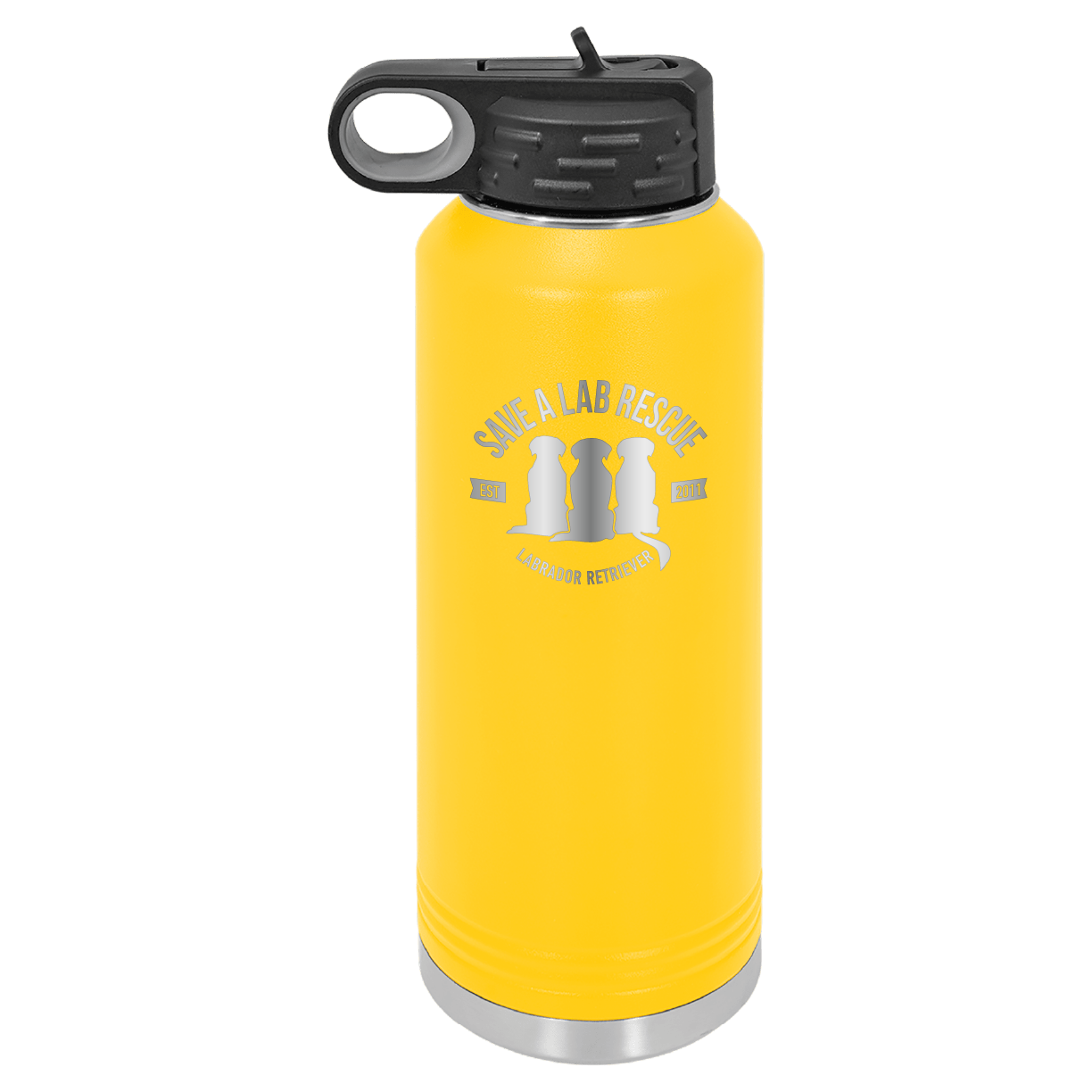 Yellow 40 Oz Laser engraved water bottle featuring the Save A Lab logo.