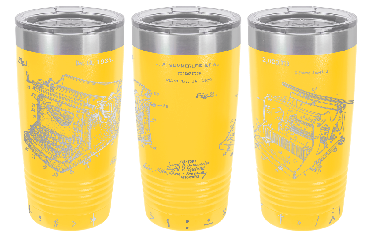 Vintage typewriter patent laser engraved on a yellow stainless steel tumbler