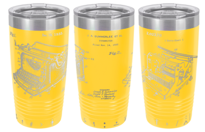 Vintage typewriter patent laser engraved on a yellow stainless steel tumbler