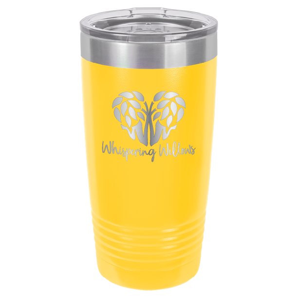 Yellow laser engraved 20 oz tumbler featuring the Whispering Willows logo.