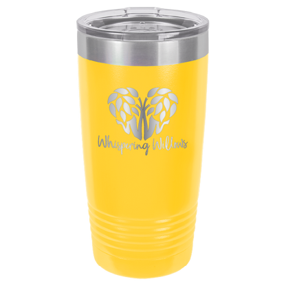 Yellow laser engraved 20 oz tumbler featuring the Whispering Willows logo.