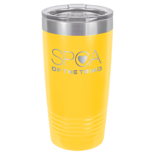 Yellow laser engravved 20 Oz tumbler featuring the SPA of the Triad logo. 