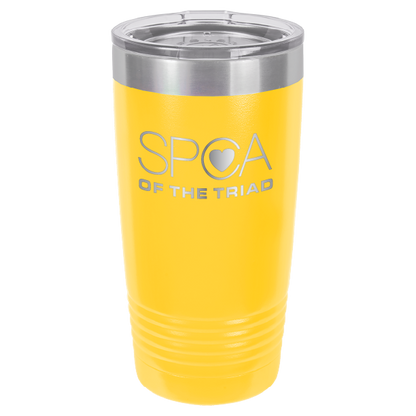 Yellow laser engravved 20 Oz tumbler featuring the SPA of the Triad logo. 