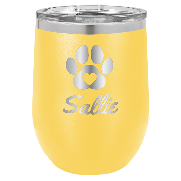 Laser engraved personalized wine tumbler featuring a paw print with heart, in yellow