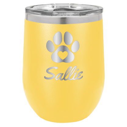 Laser engraved personalized wine tumbler featuring a paw print with heart, in yellow