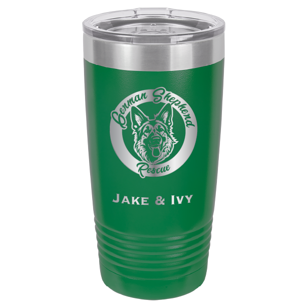 Laser Engraved green 20 oz tumbler with German Shepherd Rescue and the names Jake and Ivy