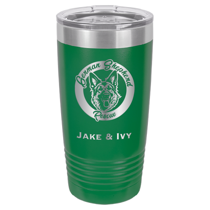 Laser Engraved green 20 oz tumbler with German Shepherd Rescue and the names Jake and Ivy