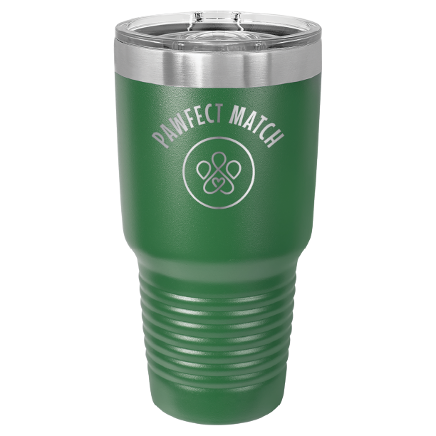 Green 30 oz laser engraved tumbler featuring the Pawfect Match logo