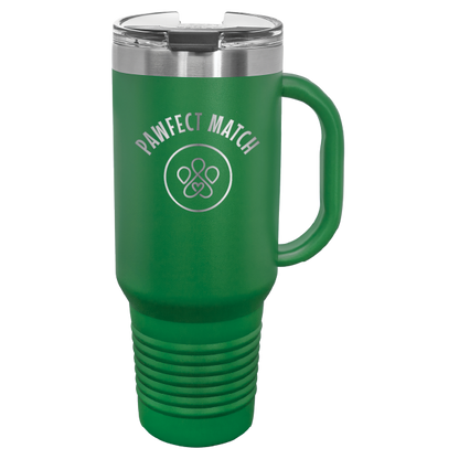 Green 40 oz laser engraved tumbler featuring the Pawfect Match logo