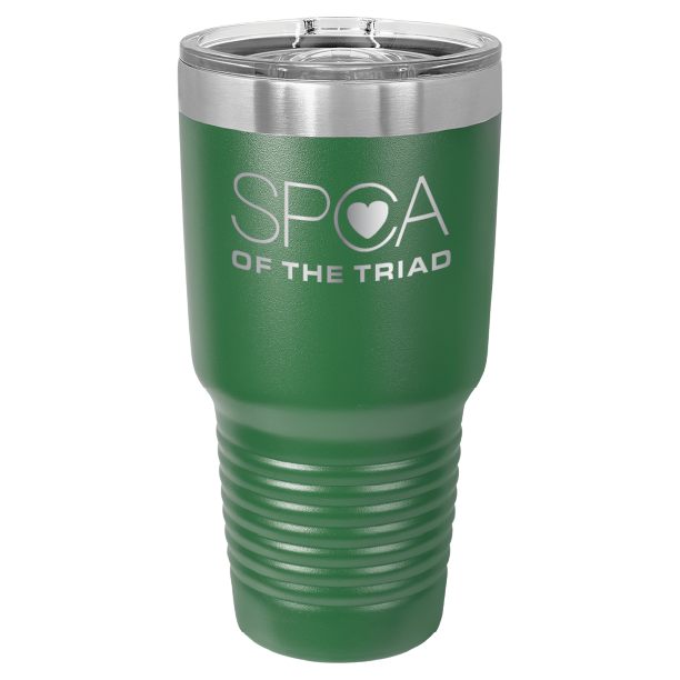 Green 30 oz laser engraved tumbler featuring the SPCA of the Triad logo.