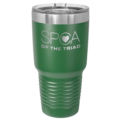 Green 30 oz laser engraved tumbler featuring the SPCA of the Triad logo.