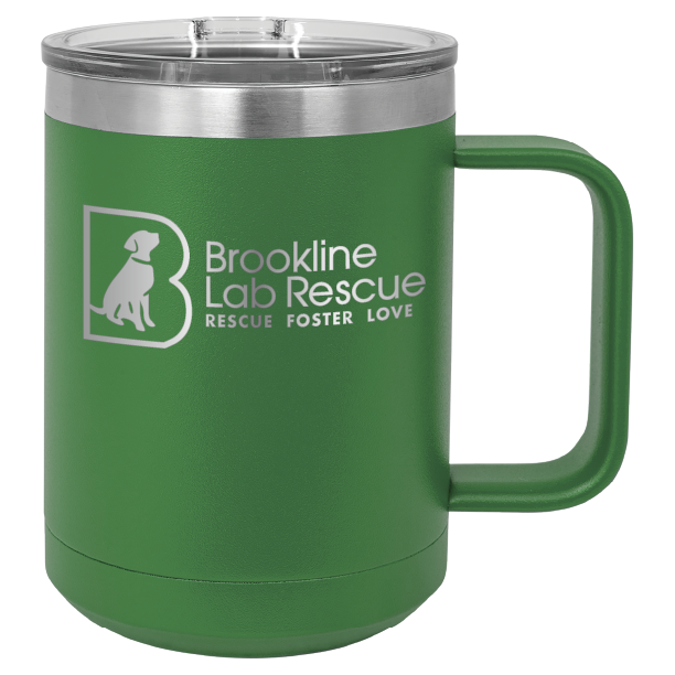 Green laser engraved 15 of coffee cup featuring the Brookline Lab Rescue logo