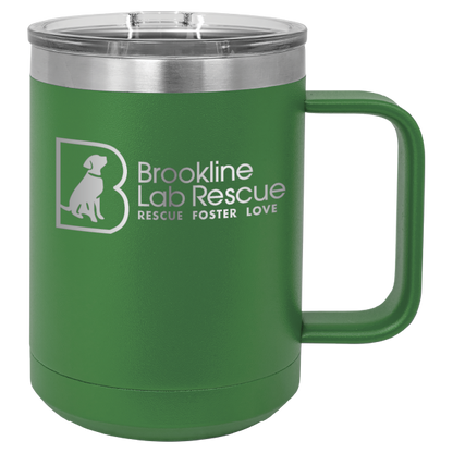 Green laser engraved 15 of coffee cup featuring the Brookline Lab Rescue logo