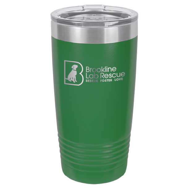 Green  laser engraved 20 ounce tumbler featuring the Brookline Lab Rescue