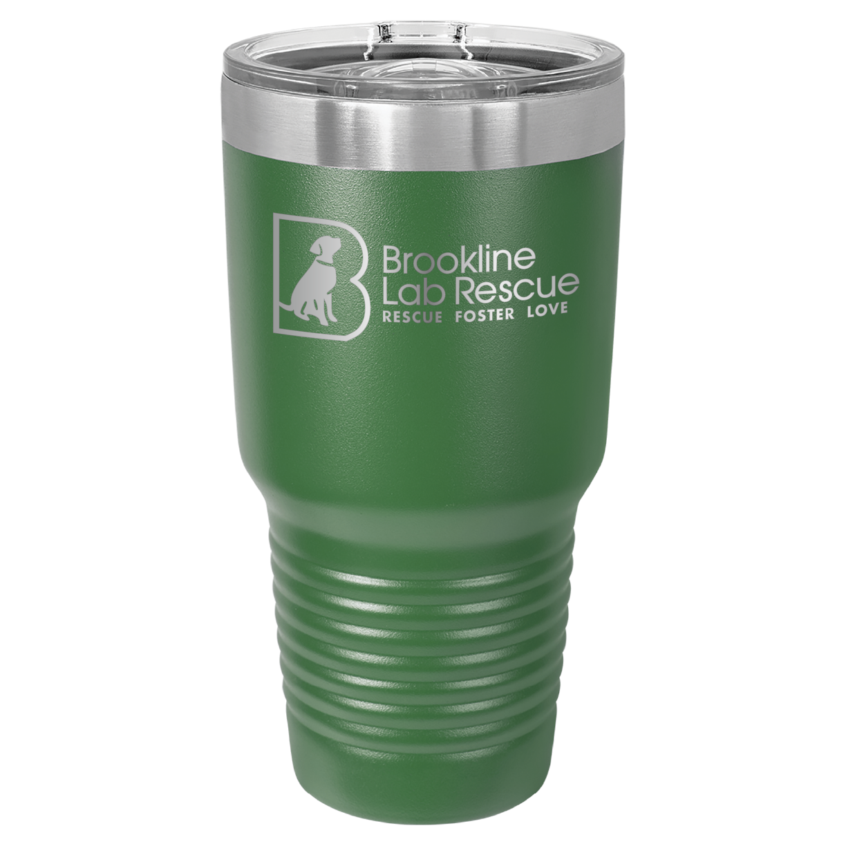 Green laser engraved 30 oz tumbler featuring the Brookline Lab Rescue logo