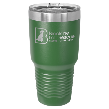 Green laser engraved 30 oz tumbler featuring the Brookline Lab Rescue logo