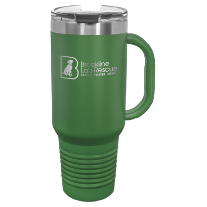 Green laser engraved 40 oz tumbler with handle featuring the Brookline Lab Rescue logo