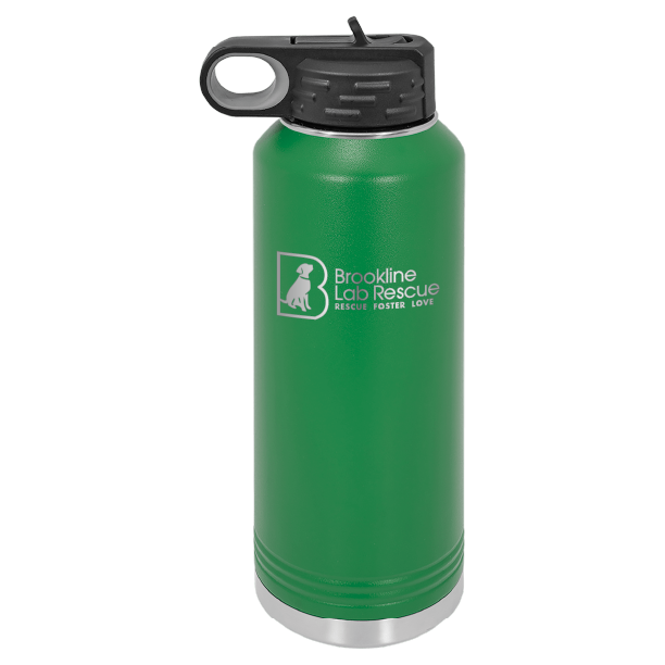 Green laser engraved 40 oz water bottle featuring the Brookline Lab Rescue logo