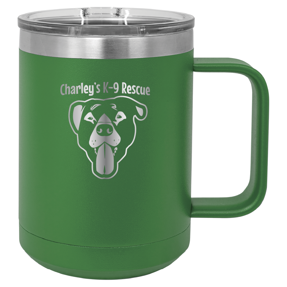 Green 15 oz coffee cup laser engraved  tumbler featuring the Charley's K9 Rescue logo