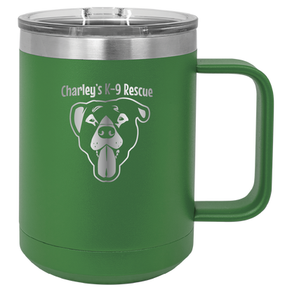 Green 15 oz coffee cup laser engraved  tumbler featuring the Charley's K9 Rescue logo