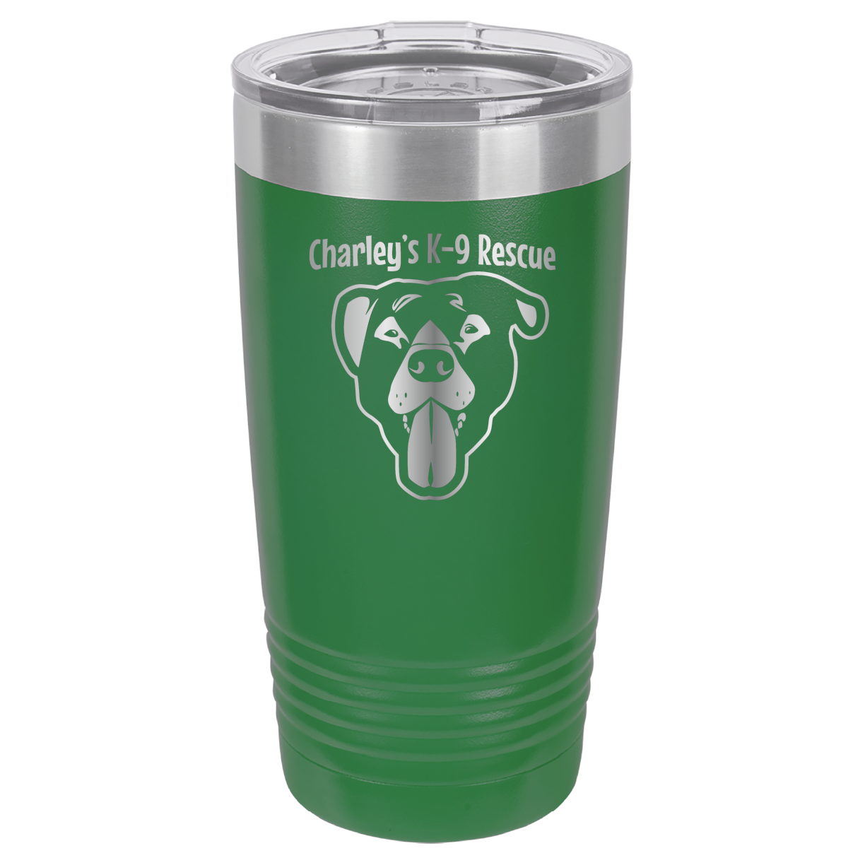 Green 20 ounce tumbler laser engraved  tumbler featuring the Charley's K9 Rescue logo