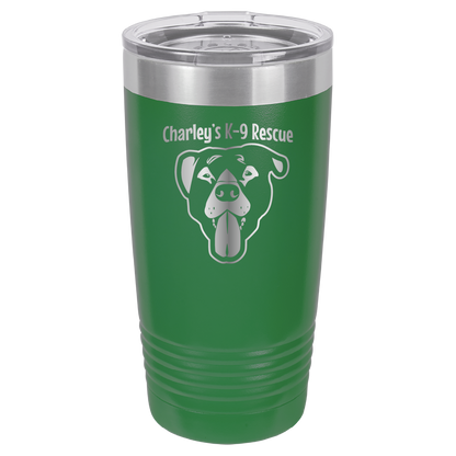 Green 20 ounce tumbler laser engraved  tumbler featuring the Charley's K9 Rescue logo