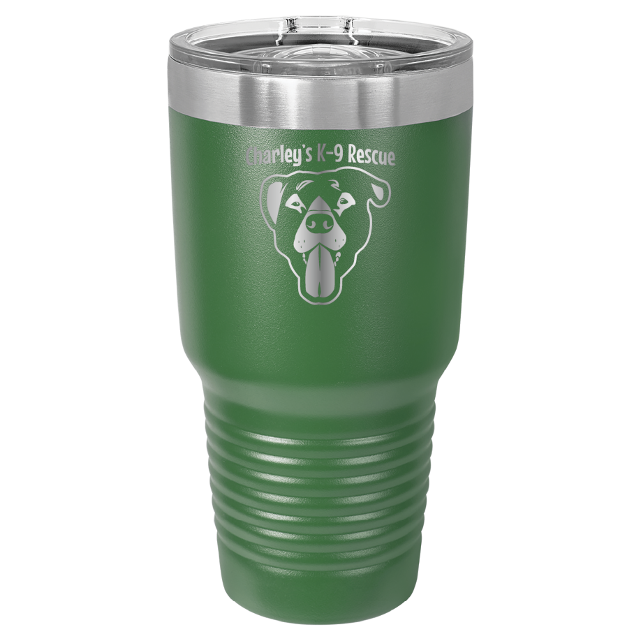 Green 30 oz tumbler laser engraved  tumbler featuring the Charley's K9 Rescue logo