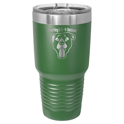 Green 30 oz tumbler laser engraved  tumbler featuring the Charley's K9 Rescue logo