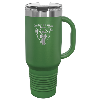 Green 40 oz tumbler with handle laser engraved  tumbler featuring the Charley's K9 Rescue logo