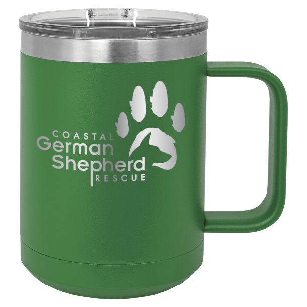 Green 15 ounce laser engraved coffee mug, featuring the with the Coastal German Shpherd Rescue of Orange County logo