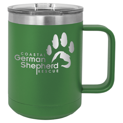 Green 15 ounce laser engraved coffee mug, featuring the with the Coastal German Shpherd Rescue of Orange County logo