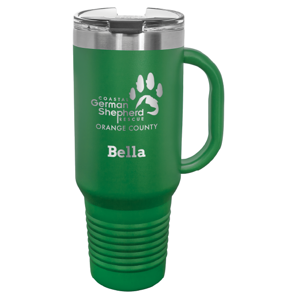 40 tumbler, laser engraved with the Coastal German Shepherd Rescue of OC logo, in green