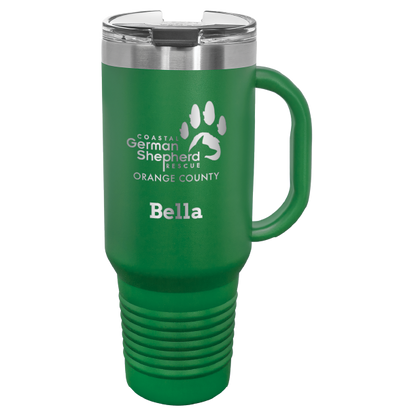 40 tumbler, laser engraved with the Coastal German Shepherd Rescue of OC logo, in green