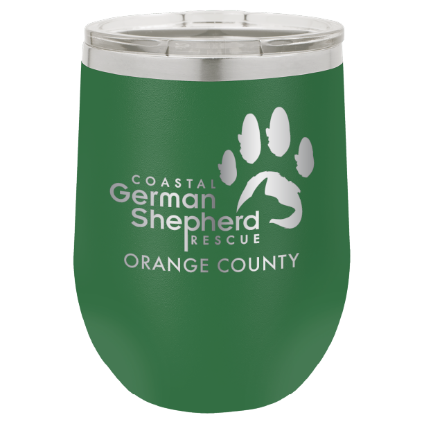 12 oz Wine tumbler laser engraved with the Coastal German Shepherd Rescue of Orange County logo, in green