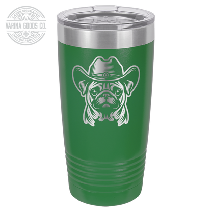 Green Cowboy Pug laser engraved 20 oz tumbler.