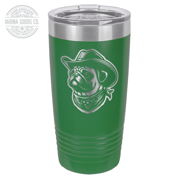 Cowboy Pug with Bandana 20 laser engraved tumbler, in green