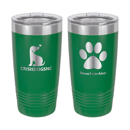 Green 20 oz laser engraved tumbler with the Crisis Dogs NC logo on one side and Rescue.Foster. Adopt. on the reverse side.