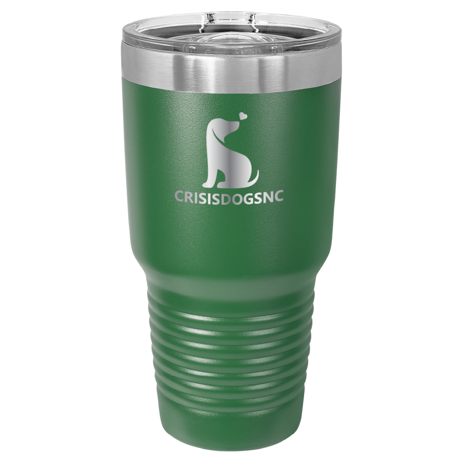 Green 30 oz laser engraved tumbler with the Crisis Dogs NC logo.