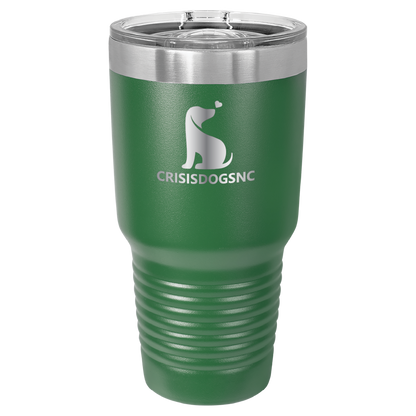 Green 30 oz laser engraved tumbler with the Crisis Dogs NC logo.