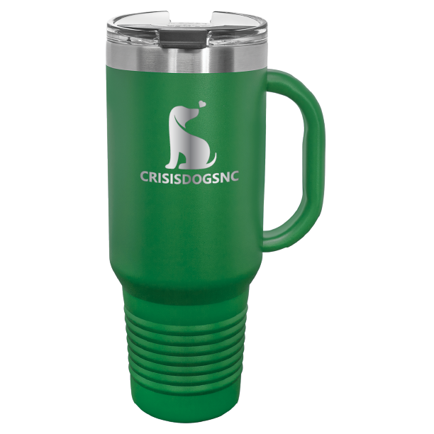 Green laser engraved 40 oz travel mug featuring the Crisis Dogs NC logo.