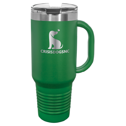 Green laser engraved 40 oz travel mug featuring the Crisis Dogs NC logo.