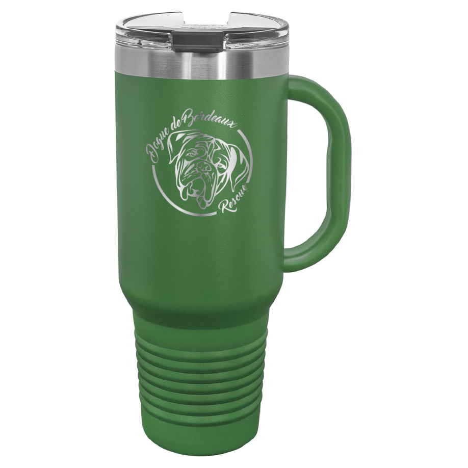 Green 40 oz laser engraved water bottle featuring the Dogue de Bordeaux Rescue, Inc. logo