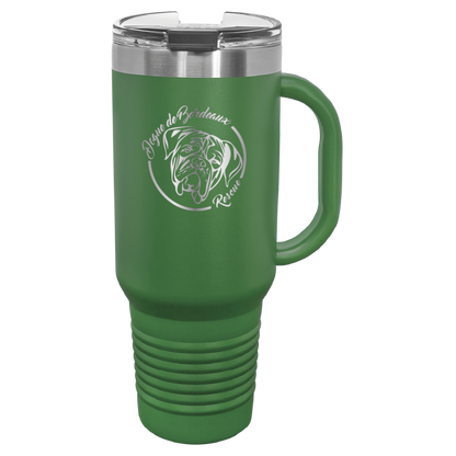 Green 40 oz laser engraved water bottle featuring the Dogue de Bordeaux Rescue, Inc. logo