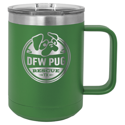 Green 15 oz laser engraved coffee cup featuring the DFW Pug Rescue logo