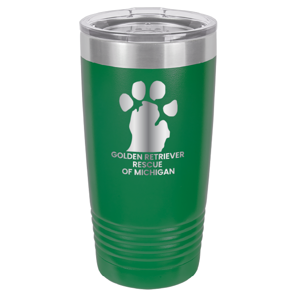 Green 20 Oz laser engraved tumbler with the Golden Retriever Rescue of Michigan logo