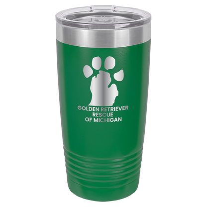 Green 20 Oz laser engraved tumbler with the Golden Retriever Rescue of Michigan logo