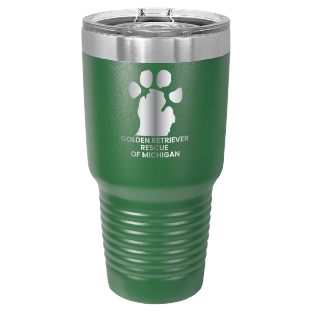 Green 30 laser engraved tumbler featuring the Golden Retriever Rescue of Michigan logo