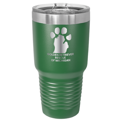 Green 30 laser engraved tumbler featuring the Golden Retriever Rescue of Michigan logo