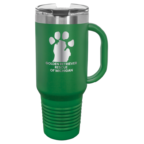 Green 40 Oz laser engraved tumbler featuring the  Golden Retriever Rescue of Michigan (GRRoM) logo