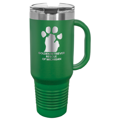 Green 40 Oz laser engraved tumbler featuring the  Golden Retriever Rescue of Michigan (GRRoM) logo